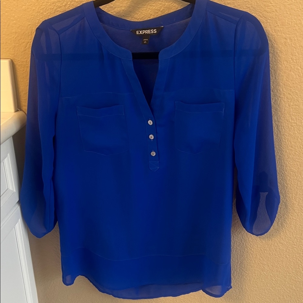 Express Royal Blue Split V-Neck Sheer Blouse